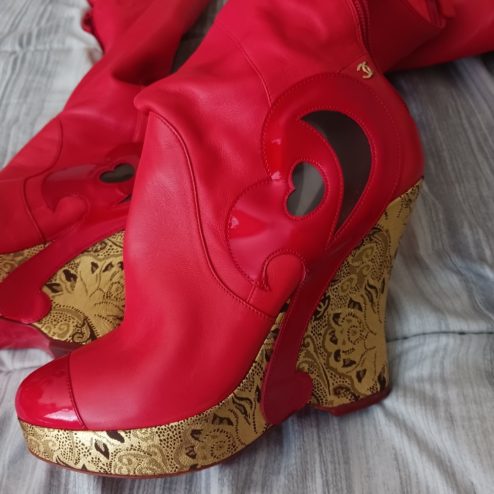 CHANEL PARIS MOSCOU Red Thigh High Boots